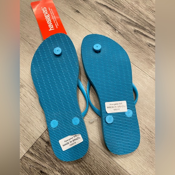 HAVAIANAS Slim Blue flip flops with Hawaiian hibiscus flower print Women’s Size6 - Picture 3 of 5